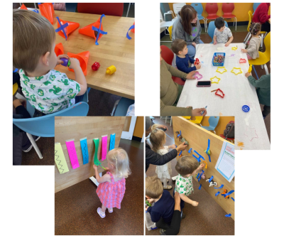 Toddlers doing different activities using scissors, tape, and crayon.
