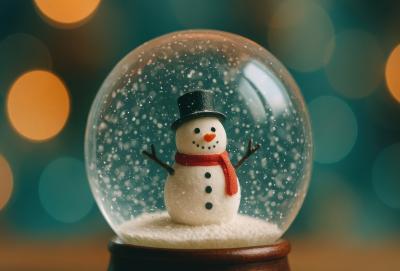 Close-up of a snow globe with a snowperson inside, against a dark bokeh lights background 