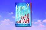 image of Homeland Elegies book cover on a background of blue sky with clouds. 