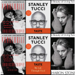 Three book covers: Vanderbilt, by Anderson Cooper, Taste by Stanley Tucci and The Beauty of Living Twice by Sharon Stone