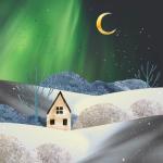 abstract collage of a house on a snowy hill with aurora borealis and a crescent moon in the sky