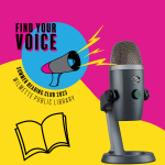 Hot pink and bright yellow background with a collage including: photo of a USB Yeti Microphone, black line drawing of an open book, and the Summer Reading Club 2023 logo. 