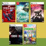 5 video game covers: Spider Man 2, The Legend of Zelda: Tears of the Kingdom, Armored Core VI Fires of Rubicon, Resident Evil 4, and Pikmin 4 arranged on a green and yellow background.