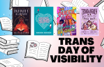 Four YA book covers on the background of trans flag colors