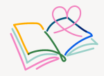 Colorful line drawing of an open book with a heart coming off of one page 