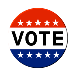 red, white and blue voting sticker that says "vote"