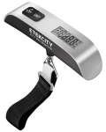 Gray luggage scale with a strap for attaching luggage, and a digital screen readout.