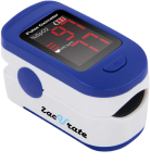 Blue pulse oximeter with a red digital readout screen.