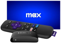 Roku remote and reception station with the HBO Max square logo behind it.