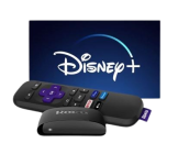 A Roku Express device with remote, and the Disney+ logo behind it