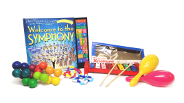 Arrangement of music-themed items found in the memory kit, such as a blue book with yellow text, a rainbow xylophone, colorful beads, fidget toys, and a pair of maracas.