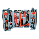 A blue tool case stands upright and open to reveal three sections of storage where various household tools are stored such as a claw hammer, a level, screwdrivers, etc. The tools are silver metal with black handles and red-orange plastic parts.