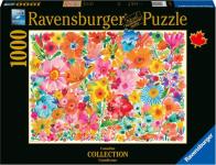 Photo of the box for a 1000-piece jigsaw puzzle. It shows a black frame with the words Ravensburger Puzzle at the top. The center of the image is a picture of the puzzle, which shows colorful watercolor flowers. 