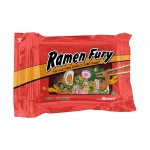 Photo of the package for the game Ramen Fury. A red rectangular plastic package similar to a pack of Ramen. 