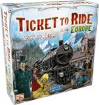 Box for the game Ticket to Ride: Europe, showing a steam engine on a train platform below the game's title.