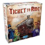 Box for the game Ticket to Ride, showing a steam engine on a train platform below the game's title.