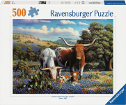 Box for the 500-piece Ravensburger puzzle Loving Longhorns. Pictured are two longhorn cattle in a field of bluebells.
