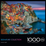 Box for the Cinque Terre 1000-piece jigsaw puzzle, with a photograph of Cinque Terre at dusk. 