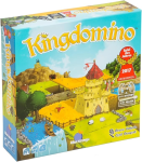 Box for the game Kingdomino. The title of the game is written in large yellow letters above a cartoon castle surrounded by square fields.