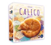 Board game box for the game Calico, which shows an orange kitten asleep on a quilt. 