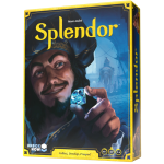 Box for the game Splendor, with an illustration of a man in Renaissance-era finery holding up a glowing gemstone.