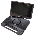 Photograph of a black plastic Blu-ray player with a swiveling screen.