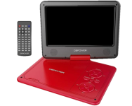 Photo of a red portable DVD player with a swivel screen and remote.