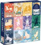 Jigsaw puzzle box showing twelve brightly colored illustrations of cat-themed zodiac symbols. 