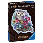Box for the wooden Mysterious Owl jigsaw puzzle, showing an illustrated owl surrounded by flowers on a black background.