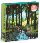 Jigsaw puzzle box with an illustration of a forest scene that includes a creek and a hillside with several animals. 