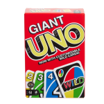 Photo of the box for Giant Uno, showing the name of the game above four Uno cards.