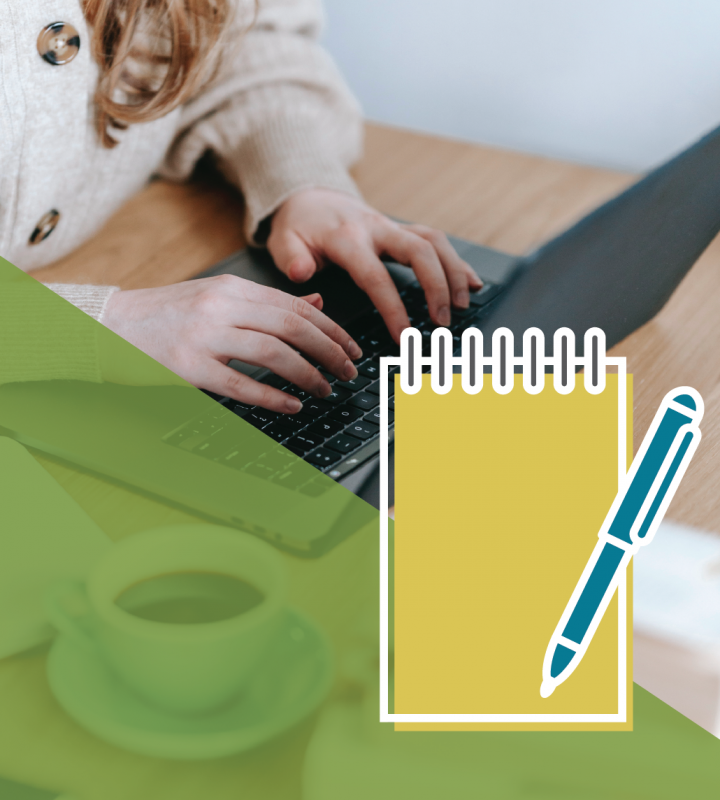 Image of woman writing on computer overlaid with green triangle and illustration of a notebook.