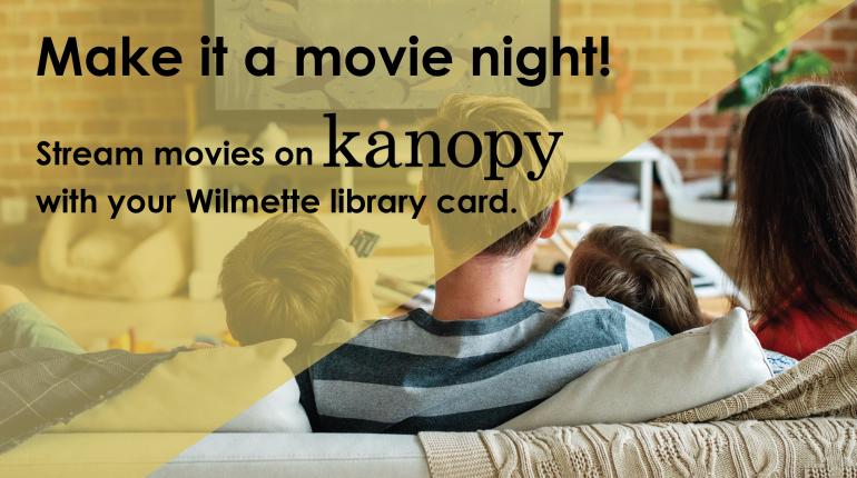 image of family watching tv overlaid with text promoting Kanopy