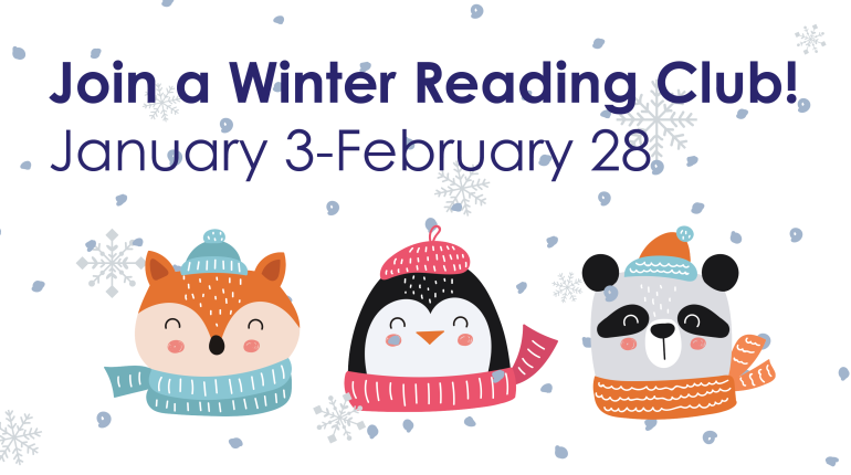 Text promoting winter reading club and image of three cartoon animals in winter gear. 