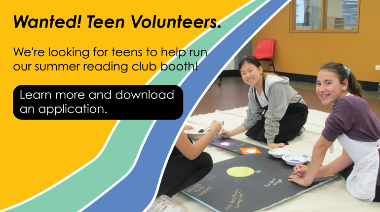image of teens doing craft project with text promoting teen volunteers