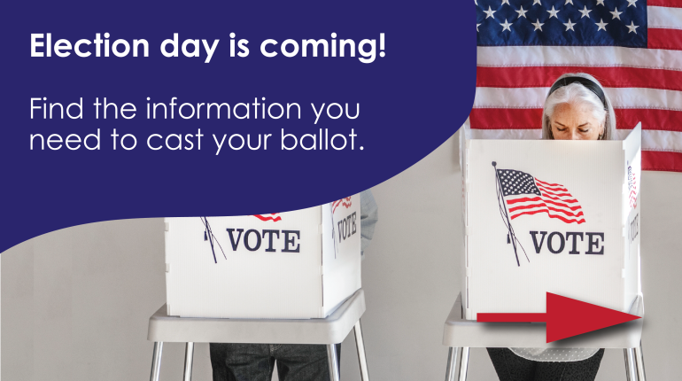 Photo of voting booths overlaid with text promoting Election information