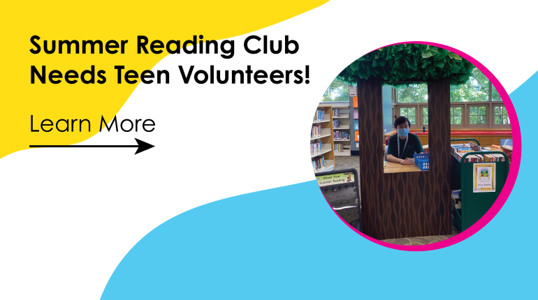 Text "summer reading club needs teen volunteers!" on a yellow, white, and blue background. 