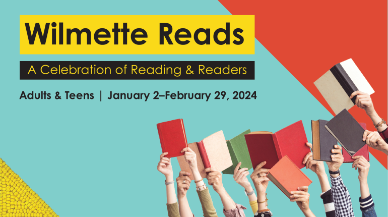 Colorblock slide with photo of hands holding books and text promoting Wilmette Reads
