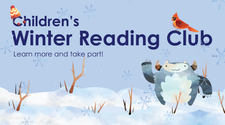 Image featuring snow, birds and a Yeti with text promoting winter reading. 