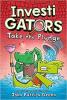 two cartoon alligators standing in water with a plunger